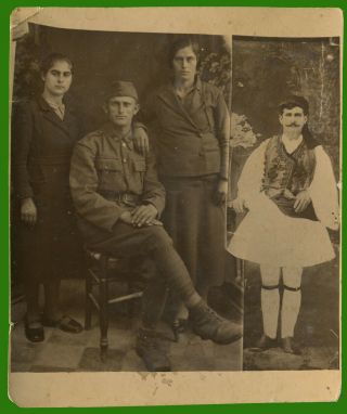 39043 Greece 1920.  Double Photo.  Family Of Soldier,  Man In Traditional Costume.