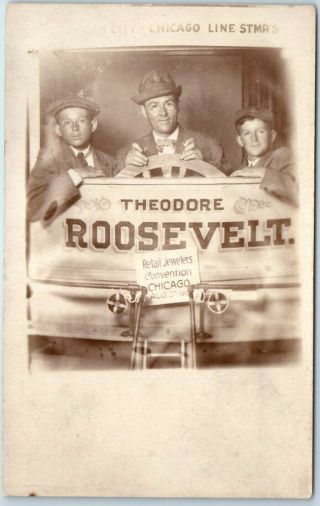 1910s Chicago Il Rppc Postcard Man & Boys On Studio " Theodore Roosevelt " Boat