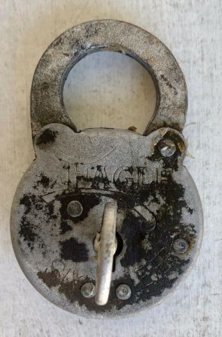 Vtg Eagle Six Lever Padlock Antique Steel Lock Key Made In Usa 1914 Patent