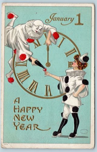 Postcard Year Clowns Pierrot Drinking Wine Large Clock Julius Bien 1908 Q19