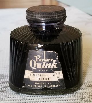 Vintage Parker Quink Microfilm Black Ink Full Bottle 4 Oz.  1950 