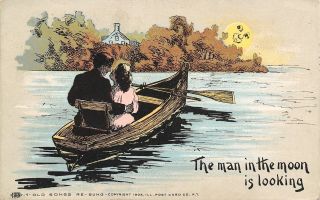 Old Songs Re - Sung Man In The Moon Is Looking Couple In Rowboat 1909 Postcard