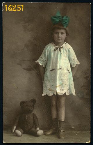 Hand Colored Photograph,  Girl W Teddy Bear,  Toy,  Bow By Strelisky 1910’s Hungary
