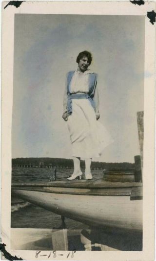 1918 Hand Colored Tinted Snapshot Photo,  Woman Standing On Boat