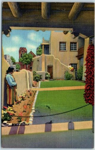 Santa Fe,  Mexico Postcard " Patio Entrance To La Fonda Hotel " Linen 1946