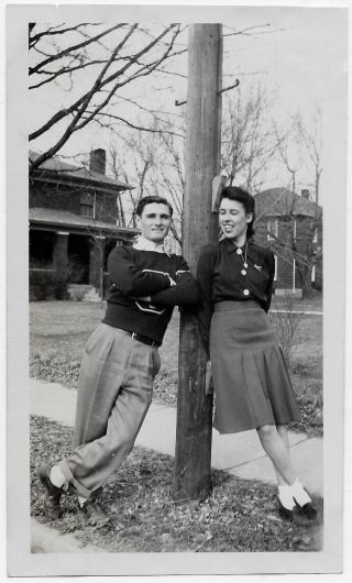 Old Photo College Woman And Man Leaning On Pole Skirt Letter Sweater 1930s