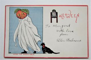Halloween Black Cat Watches Child In Ghost Costume Owl Postcard