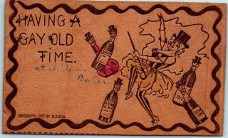 1907 Leather Postcard " Having A Gay Old Time " Alcohol Drinking Girl W.  S.  Heal