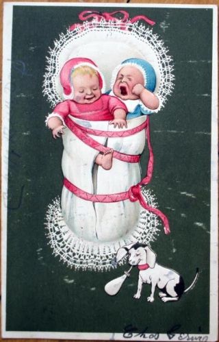 1907 Embossed Color Litho Postcard: Baby Crying,  Babies W/dog Drinking Bottle