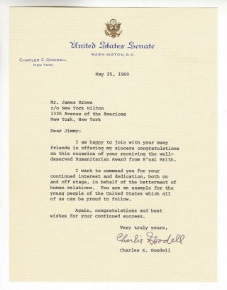 United States Senate Charles Goodell Signed Letter To Musician James Brown 1969