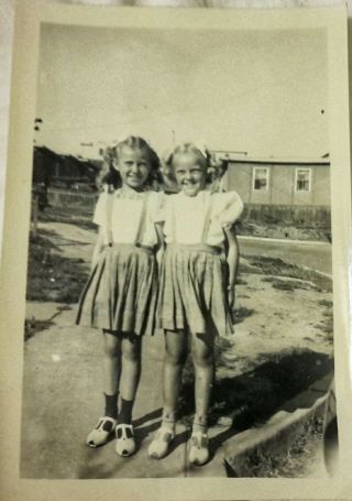 Vintage Old 1940s Photo Of Two Girls Sister Friends Wearing Same Skirt Outfit