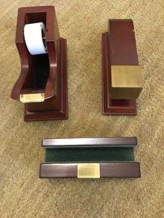 Desk Set Brass And Wood Tape Dispenser,  Stapler And Card Holder - Bombay Company
