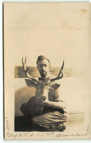 Weird Oregon Deer Trophy Head Taxidermy RPPC Photo Postcard Strange Man DUFUR OR 2