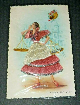 Lady From Spain In Silk Embroidered Dress Flowers Vintage Postcard Andalucia