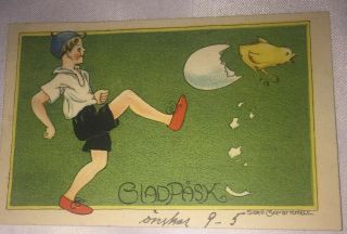 Vintage Easter Mini Swedish Postcard Boy Kicking Egg Baby Chick Glad Pask Signed
