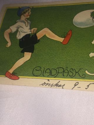 Vintage Easter Mini Swedish Postcard Boy Kicking Egg Baby Chick Glad Pask Signed 5