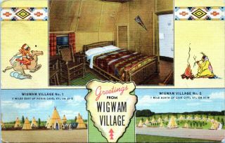 Wigwam Village Roadside Motel Cave City Horse Ky Interior 1947 Linen Postcard