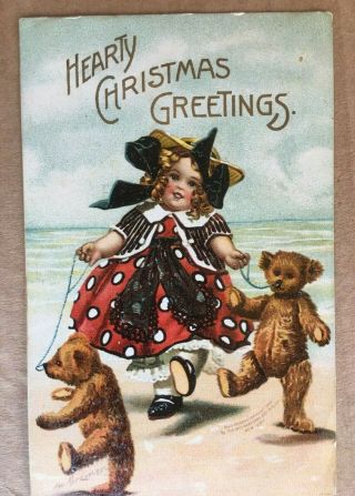 Vintage Signed Greiner Christmas Postcard - Girl With 2 Teddy Bears At Beach 1907