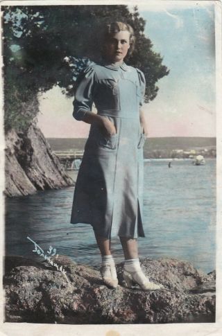 1939 Pretty Young Woman By The Sea Blue Dress Hand Tinted Russian Antique Photo