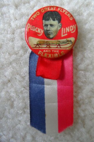 Two Great Flyers – Flexible & Lindbergh Button Pin With Ribbon - Look