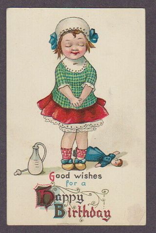 Birthday Greetings Vintage Postcard Girl Child Baby Bottle Doll