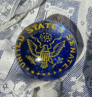 Rare Antique Gentile Glass Cobalt Blue Gold Paperweight United States Senate Vtg