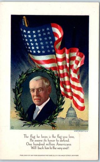 President Woodrow Wilson Postcard Wwi World War I Patriotic U.  S.  Flag