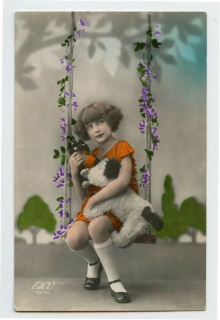 1920s Child Children Girl W/ Toy Dog And Cat Cute Kid Photo Postcard