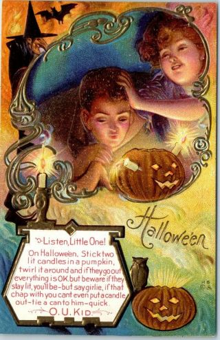 1910s Halloween Postcard Boy Girl Jol " Listen,  Little One " Nash H - 6