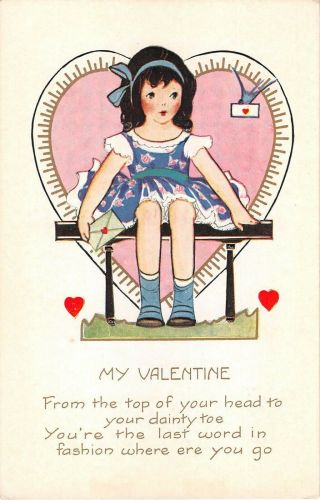 Little Girl Sits In Front Of Heart & Bluebird On Old Art Deco Whitney Valentine