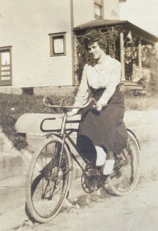 1900’s Young Lady School Girl Rides Bicycle Bike Photograph Photo Shelby Ohio