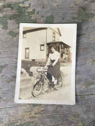 1900’s YOUNG LADY SCHOOL GIRL RIDES BICYCLE BIKE Photograph PHOTO Shelby Ohio 2