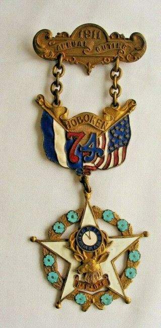 Antique 1911 Annual Outing Hoboken Lodge Bpoe Elks Badge 11th Hour Blue Enamel