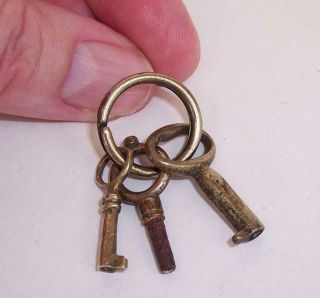 Vintage/antique 2 Tiny Brass Keys & 1 Pocket Watch Key On Hanging Ring Miniature