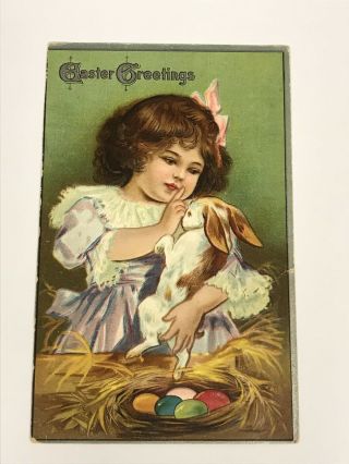 Vintage Easter Greetings Embossed Postcard Rabbit Bunny Eggs Girl Child