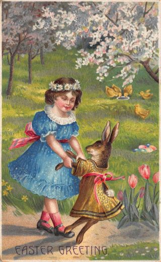 Easter Postcard Dressed Bunny Rabbit And Little Girl Dancing In A Park 110747