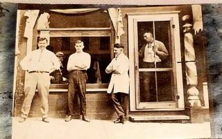 Vtg.  Antique Early 1900s Group Of Men In Front Of Barber Shop W/pole Rppc