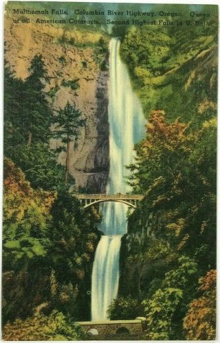 Multnomah Falls Bridge Columbia River Highway Oregon Or Vintage Linen Postcard
