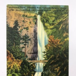 Multnomah Falls Bridge Columbia River Highway Oregon OR Vintage Linen Postcard 5