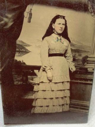 Antique 1800 Tintype Photo Young Victorian Woman Incredible Dress