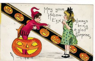 Halloween,  Boy Joker In Pumpkin Greeting Girl,  Signed Artist H.  B.  G (griggs),  1910