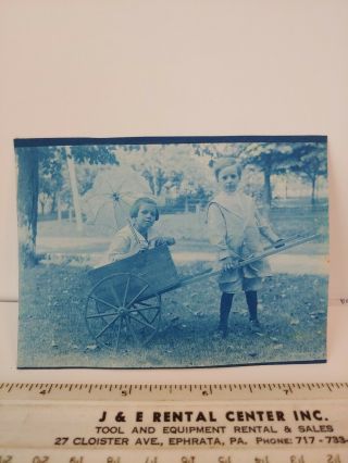 Vintage Cyanotype Photo Children With Cart And Parasol