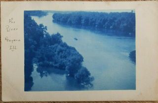 C 1910 Fox River Geneva,  Illinois Rowboat Vintage Cyanotype Photo Rppc