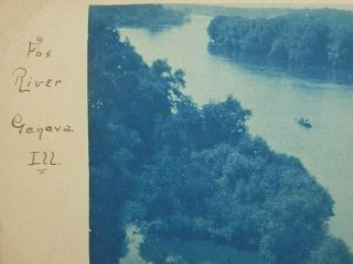 c 1910 FOX RIVER Geneva,  Illinois ROWBOAT Vintage CYANOTYPE Photo rppc 2