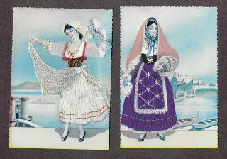 2 X Vintage Silk Embroidered Spanish Ladies Postcards Napoli & Ischia Unposted
