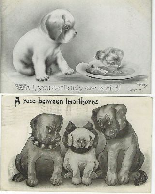 2 V.  Colby Postcards Dog W/ Chick & Bulldog W/ 2 Others Postmark 1911