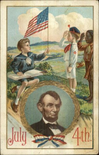 4th Fourth Of July Abe Abraham Lincoln White & Black Children Postcard