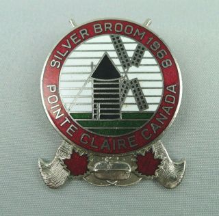 1968 Silver Broom Curling Pin Pointe Claire Canada Cloisonne Silver Tone