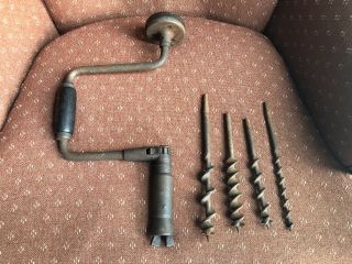 Antique Cast Metal Rotary Geared Hand Crank Drill Auger W/4 Bits Unmarked