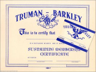 1948 Texas Truman - Barkley Club Membership Certificate & Card